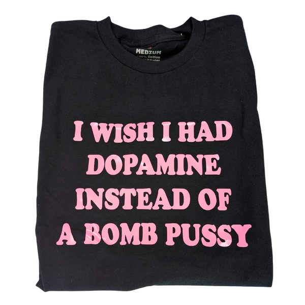 Black t-shirt with pink text on a white background