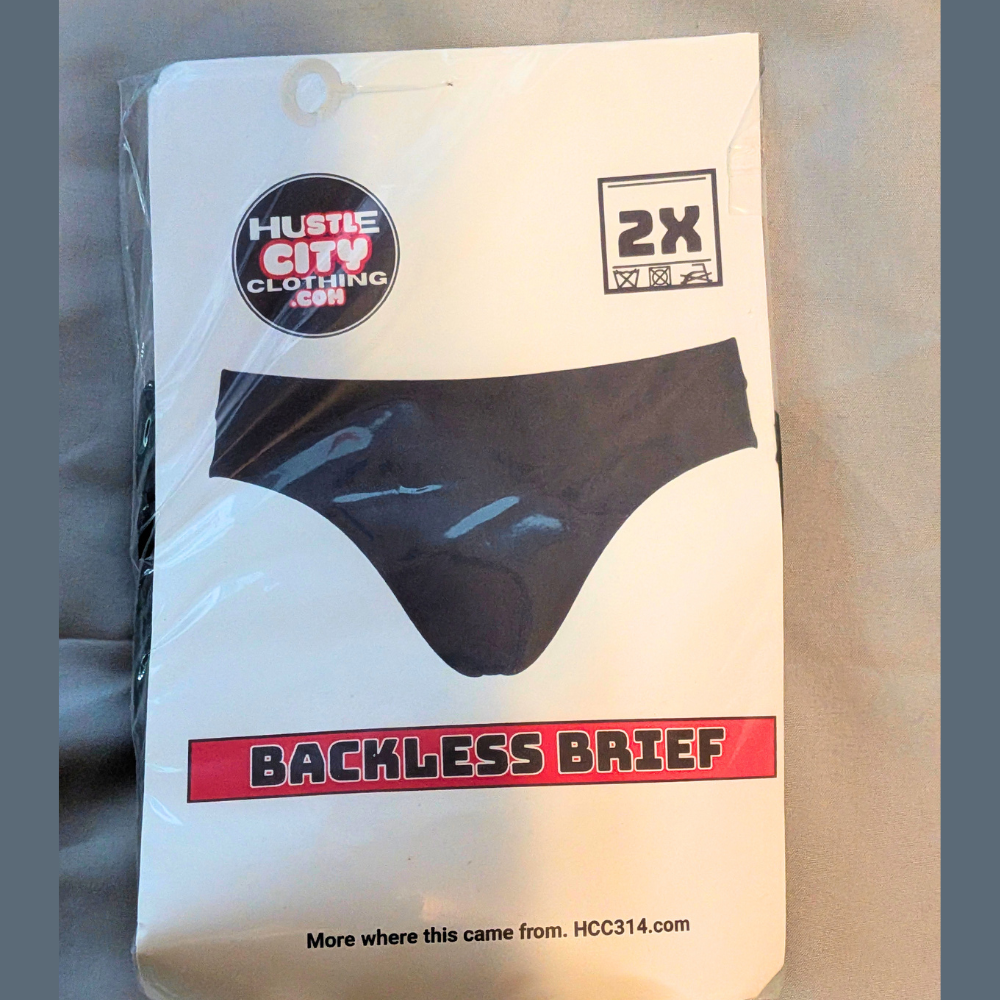 Packaged discontinued Hustle Backless Brief in Basic Black, size XXL