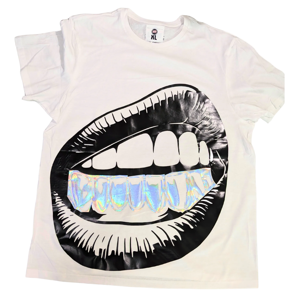 White t-shirt with black graphic of lips and holographic teeth on a white background
