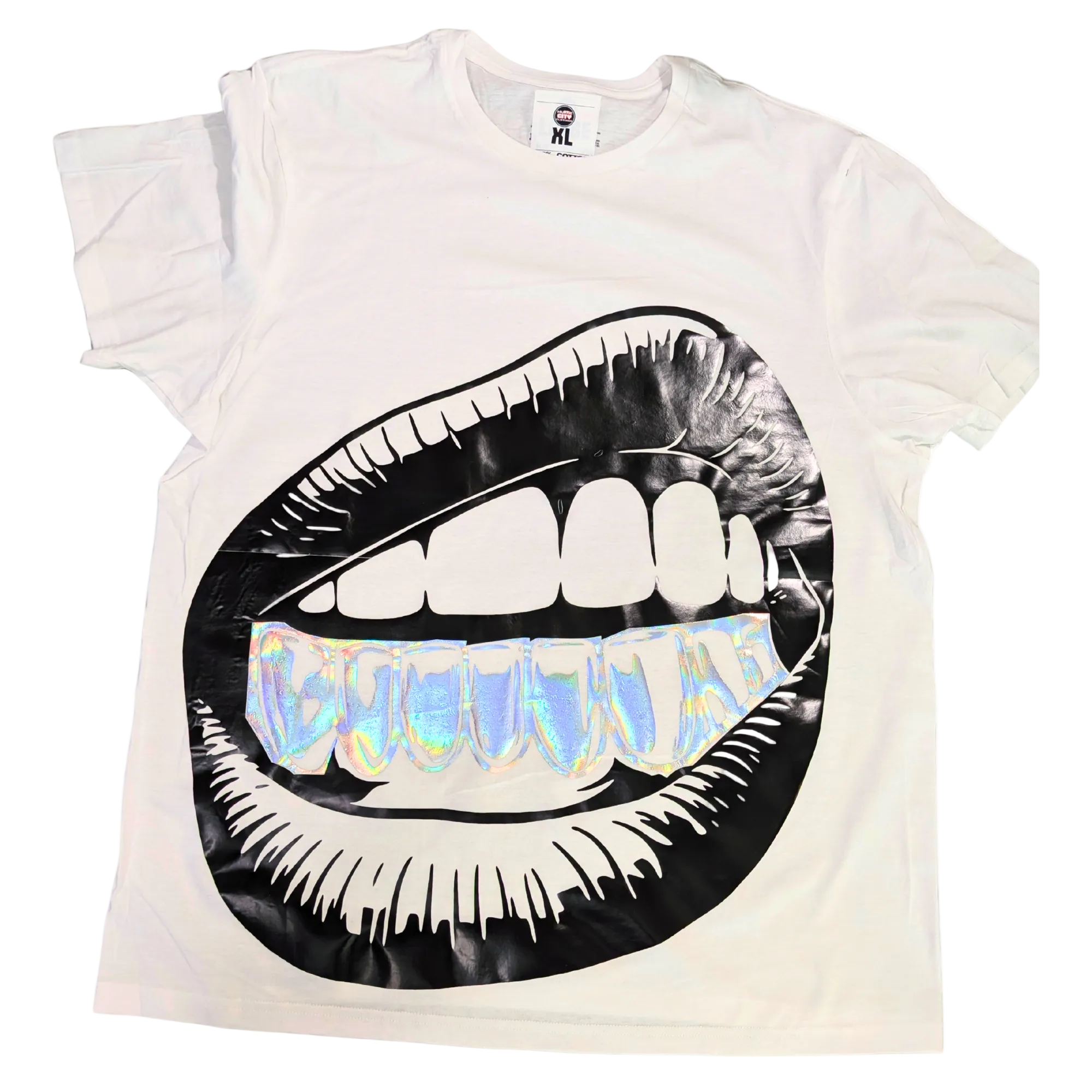 White t-shirt with black graphic of lips and holographic teeth on a white background