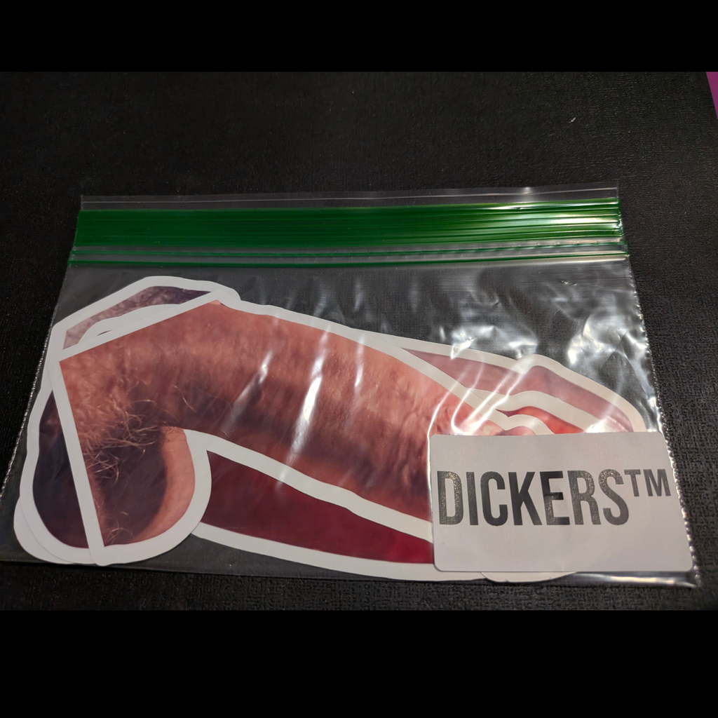 Clear plastic bag with a graphic of a phallic shape and 'DICKERS' label on a black background