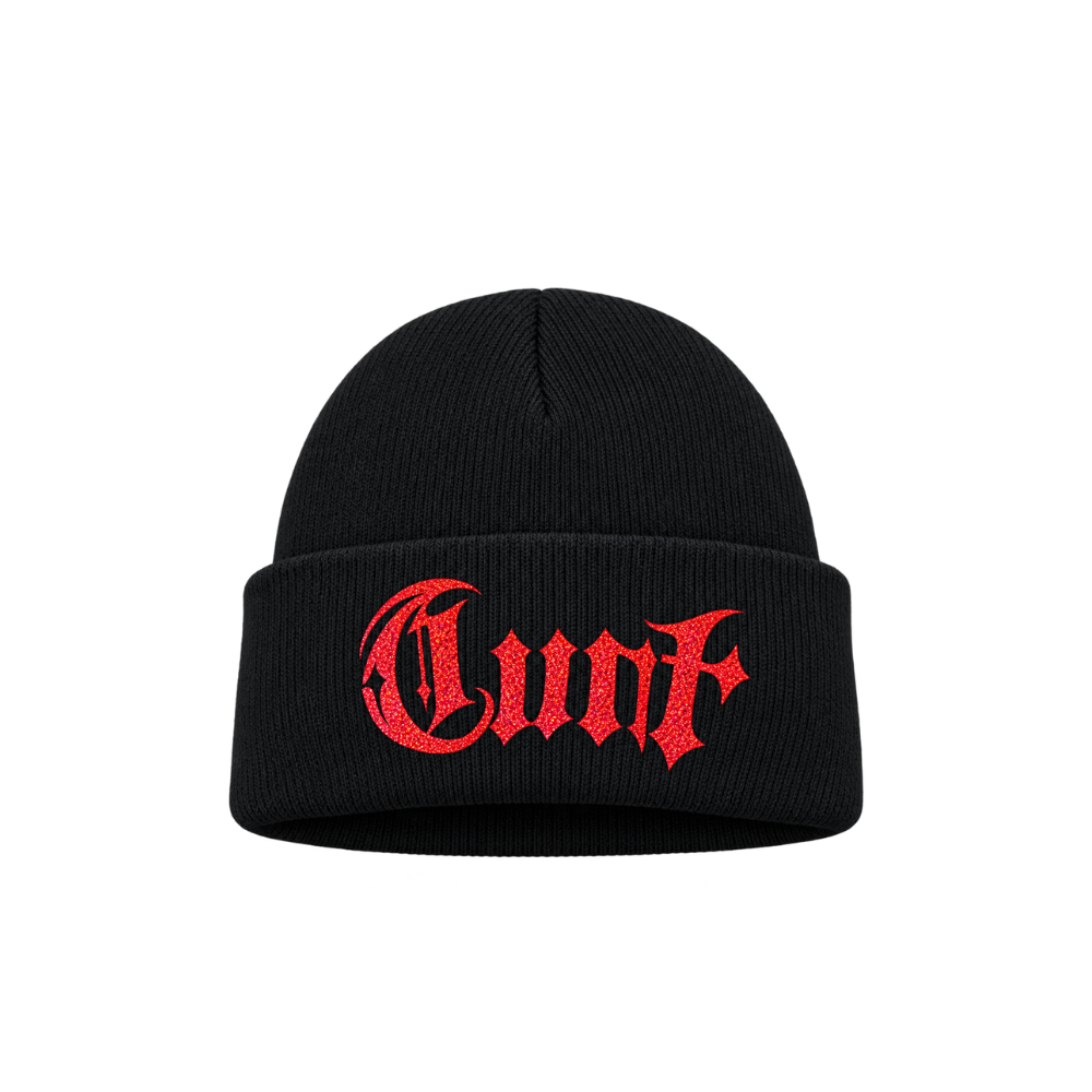 A black ribbed knit beanie hat with a folded cuff, featuring the word 'Lunf' embroidered in a red Gothic font on the front.