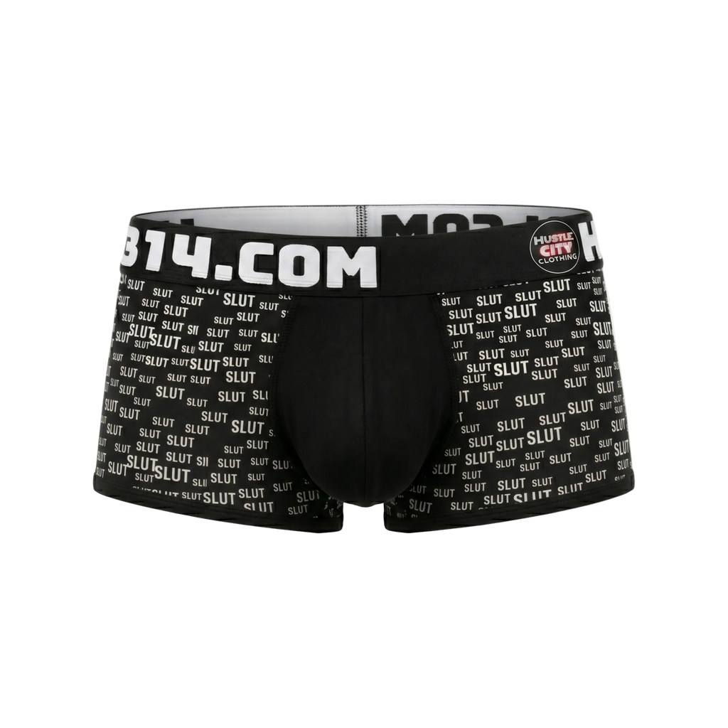 Black boxer briefs with 'SLUT' text and 'middlesbroughcity.com' branding on a white background