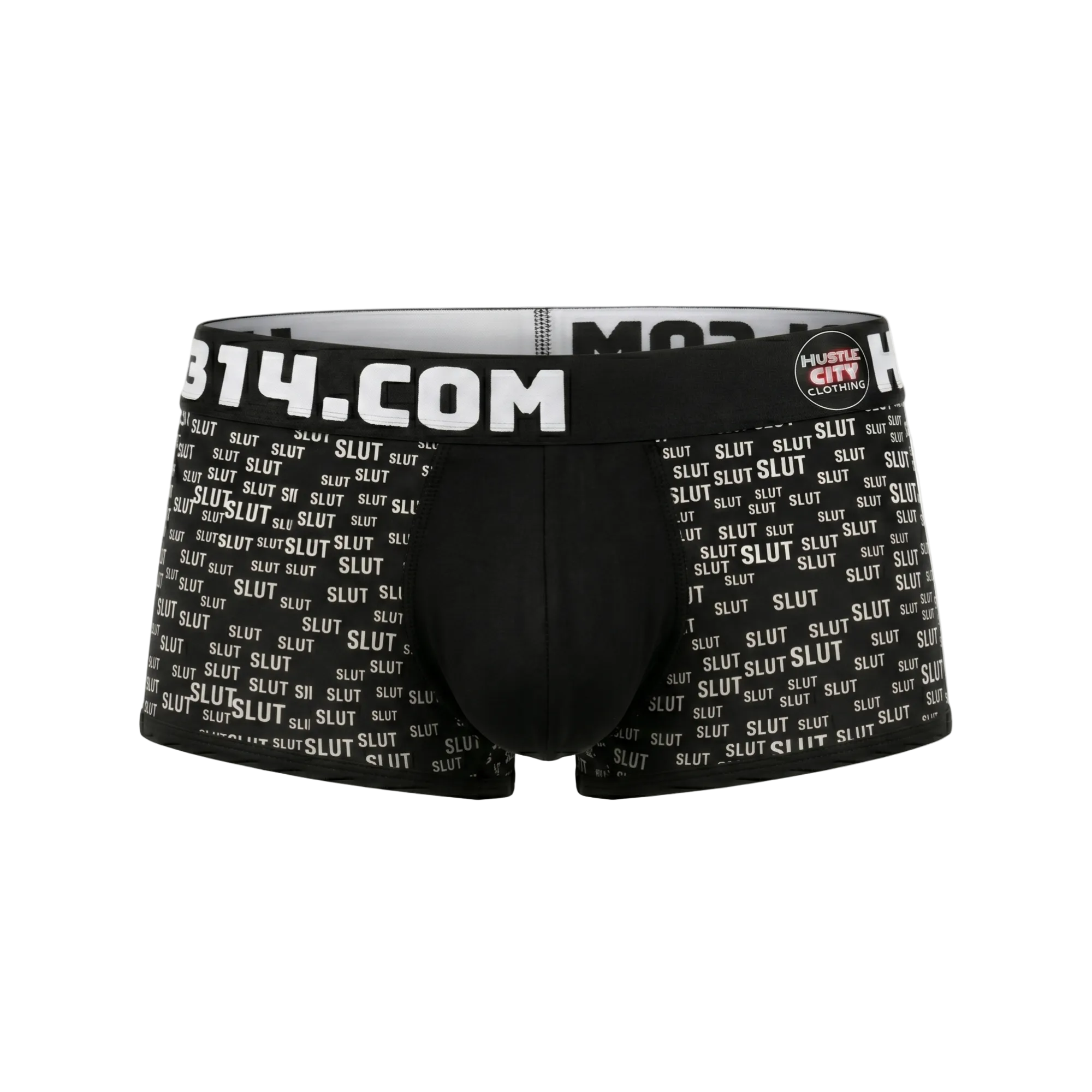 Black boxer briefs with 'SLUT' text and 'middlesbroughcity.com' branding on a white background