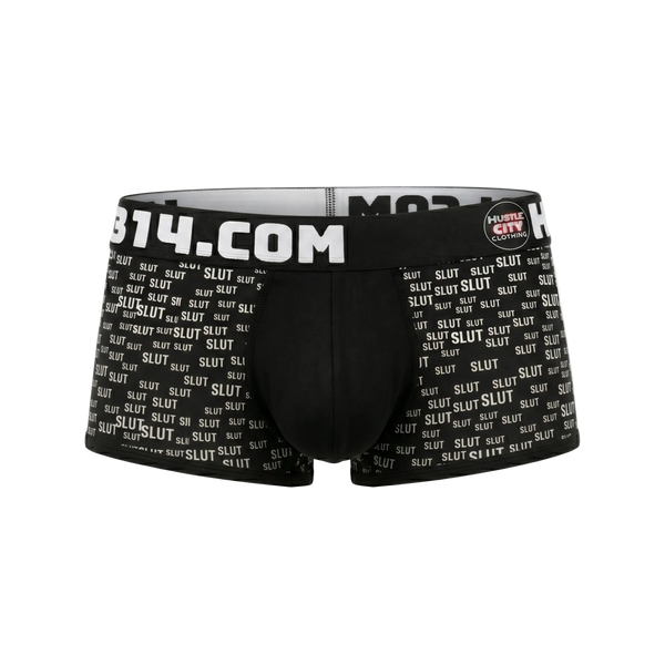 Black boxer briefs with 'SLUT' text and 'middlesbroughcity.com' branding on a white background