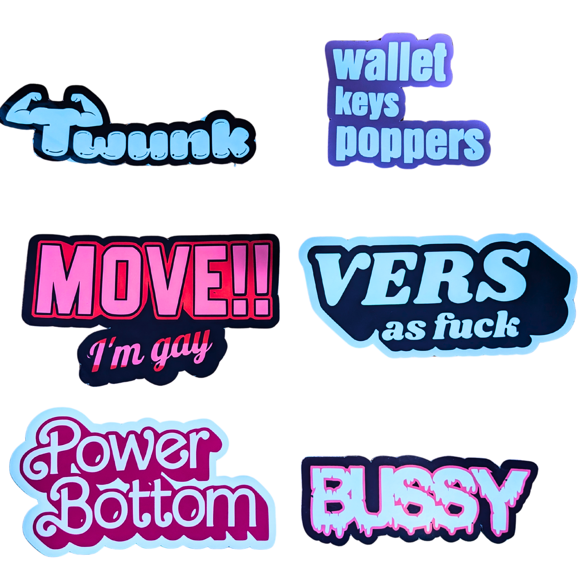 Set of colorful stickers with various phrases on a white background