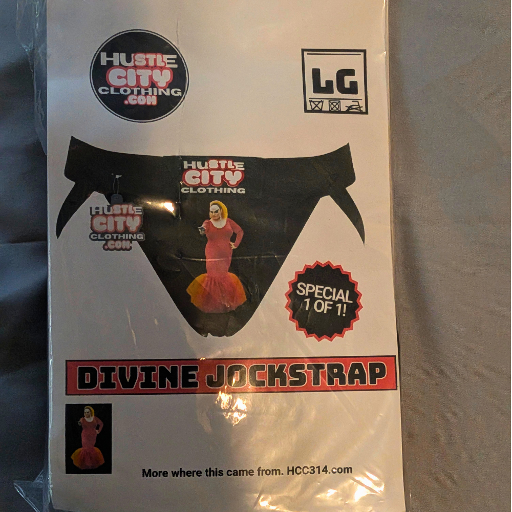 Packaged Divine Jockstrap sample sale underwear in Large and XXL
