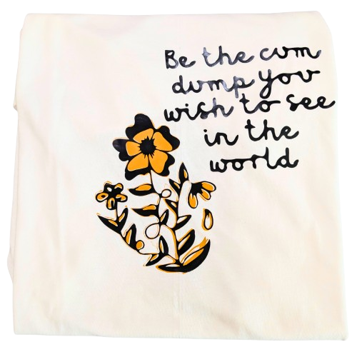 Textile with floral design and motivational quote on a white background