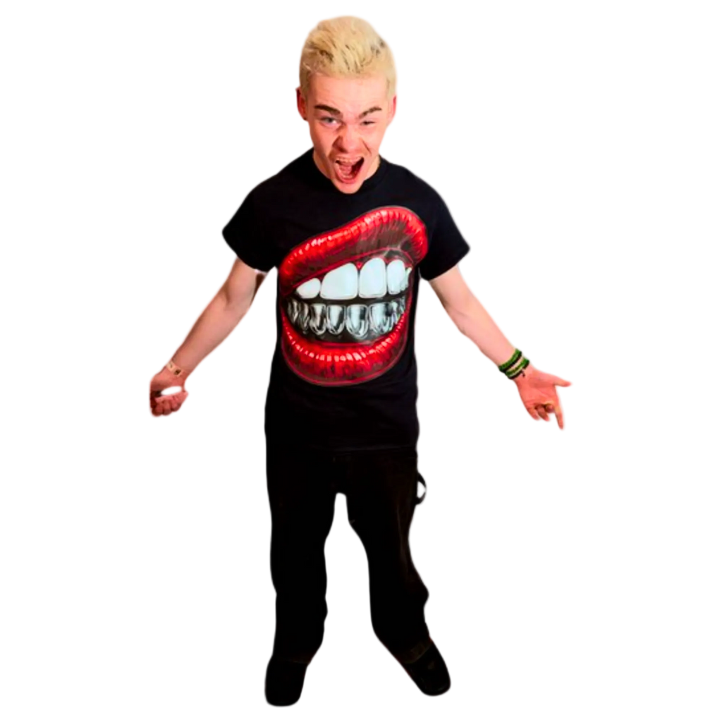 Person wearing a black t-shirt with a graphic of red lips and white teeth on a white background