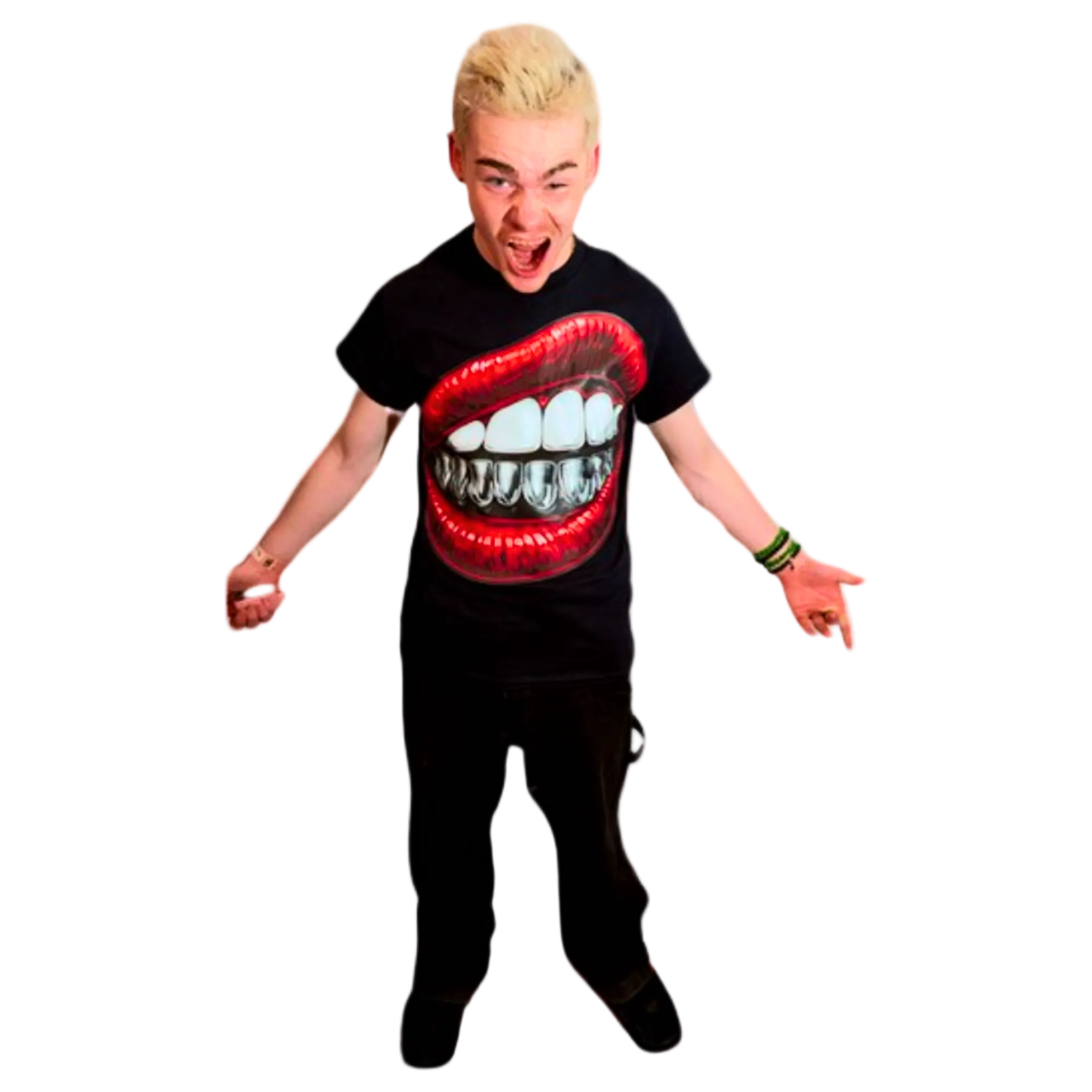 Person wearing a black t-shirt with a graphic of red lips and white teeth on a white background