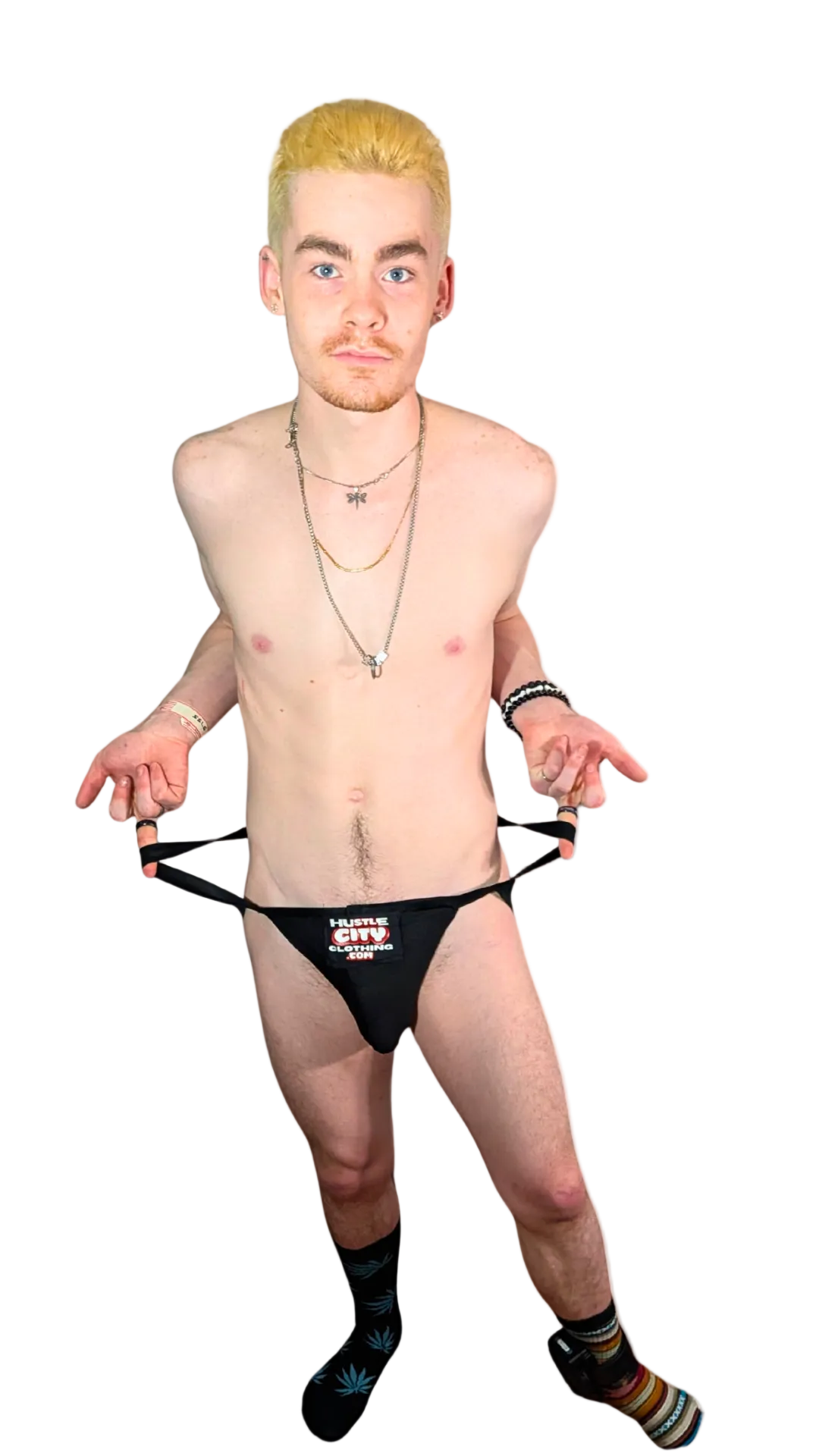 Man wearing a black thong with text on a white background