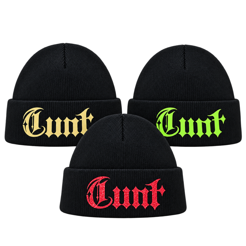 Three black knit cuffed beanies arranged on a white background, each with the word "Cunt" embroidered in a gothic font on the cuff in different colors: gold on the top left, neon green on the top right, and red on the bottom center.