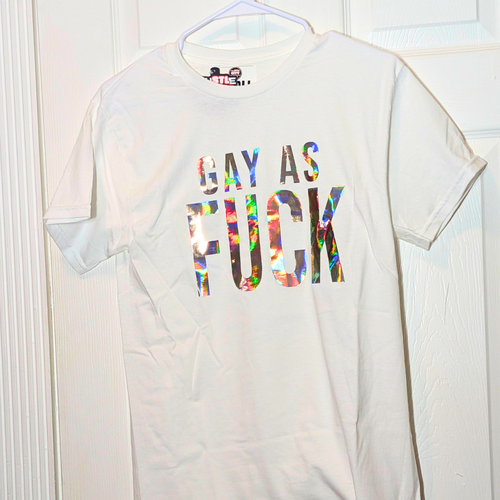 White Gay As Fuck graphic T-shirt, size Small, sample sale photo.
