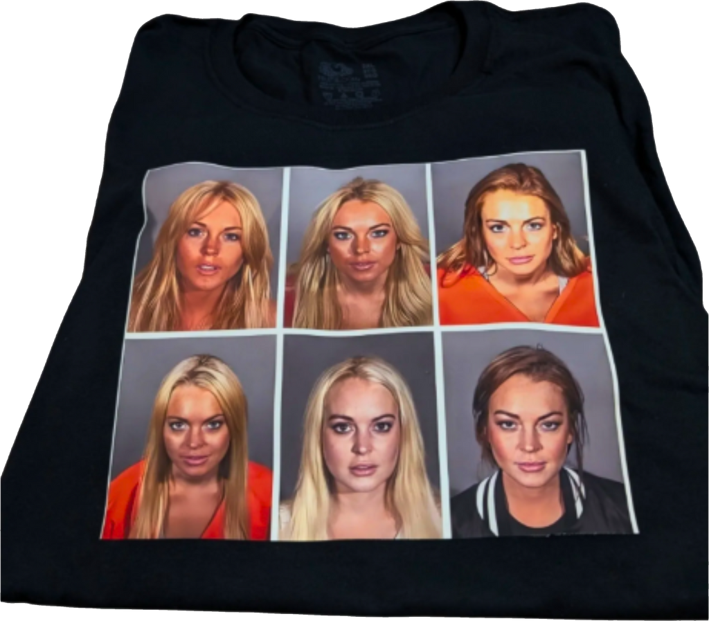 Black t-shirt with multiple images of Lindsy Lohan's mugshots on it