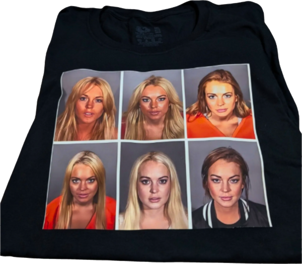 Black t-shirt with multiple images of Lindsy Lohan's mugshots on it