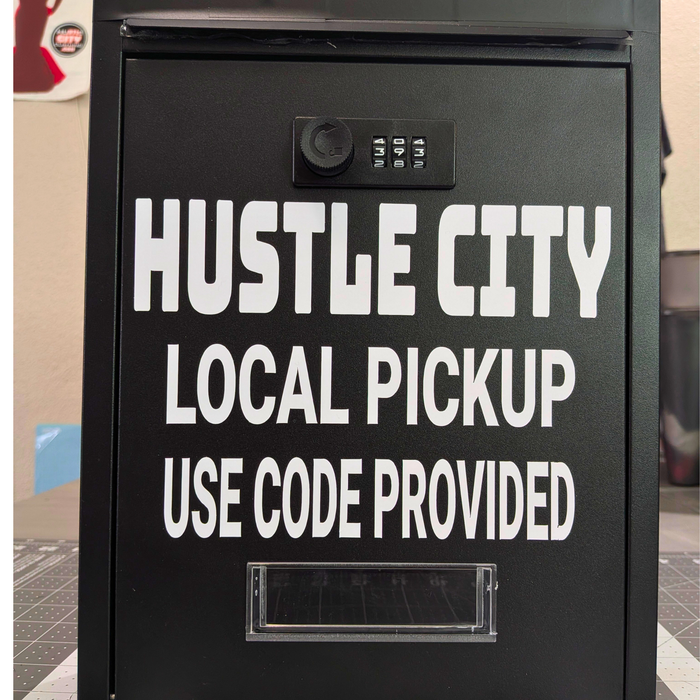 Secure pickup locker branded for Hustle City Clothing local order collection.