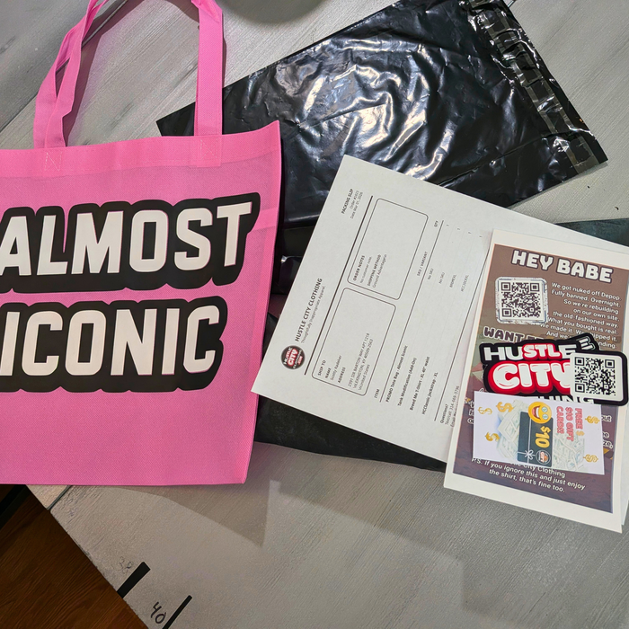 Hustle City Clothing packaging components including inserts, mailers, promotional materials, and branded merchandise.