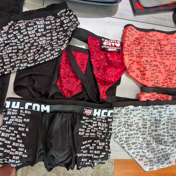 Various underwear styles and colorways featuring the repeating Slutprint pattern developed by Hustle City Clothing.