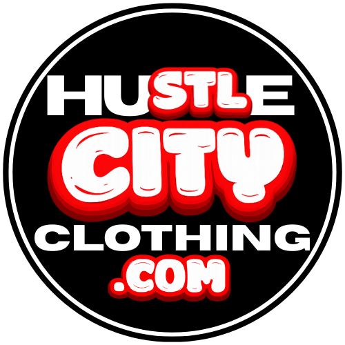 Circular logo for Hustle City Clothing with red text on a black background
