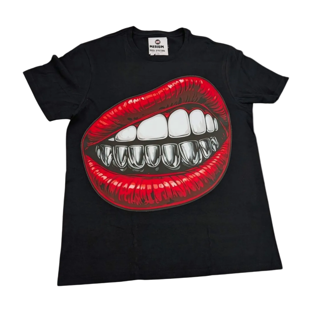 Black t-shirt with a graphic of red lips and white teeth on a white background