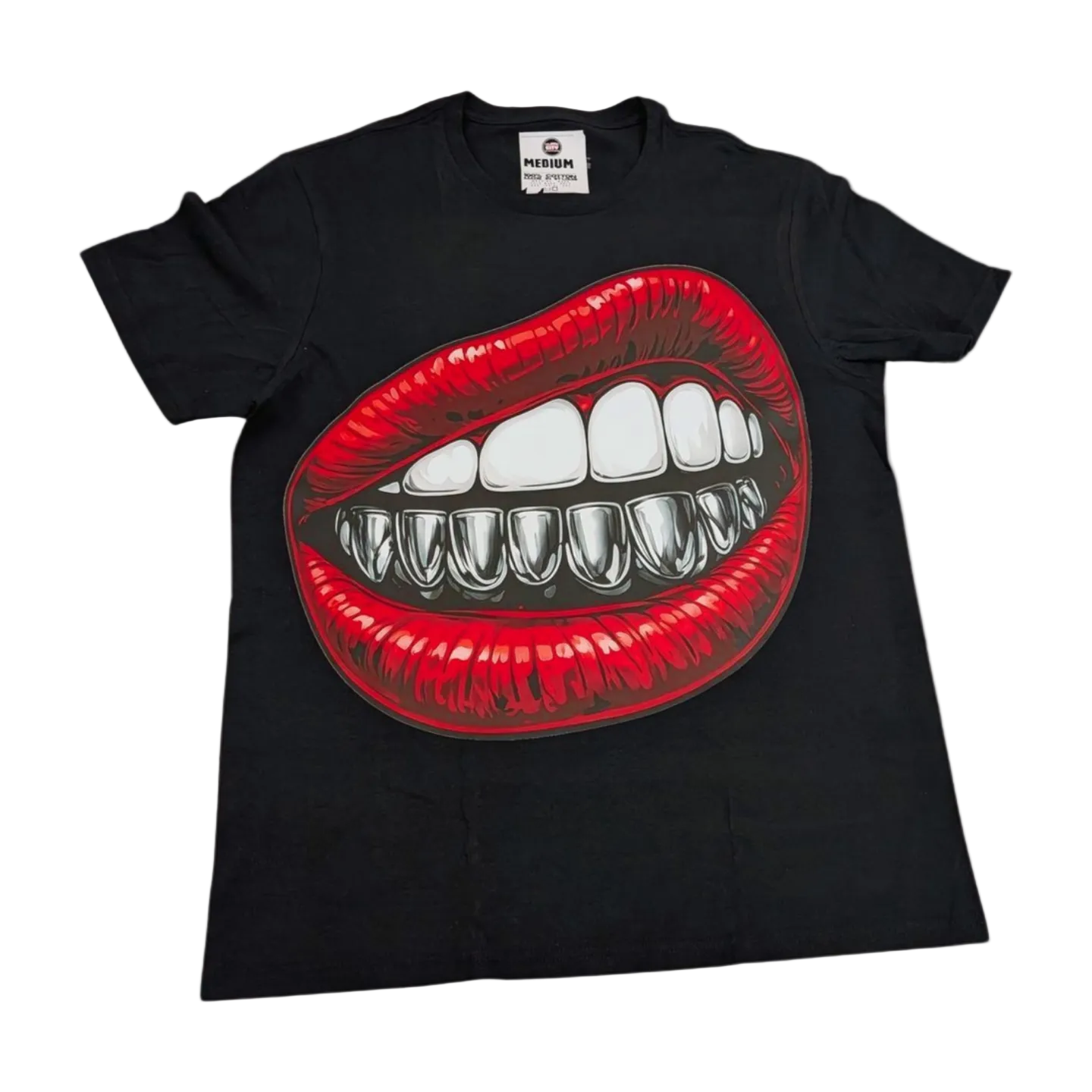 Black t-shirt with a graphic of red lips and white teeth on a white background