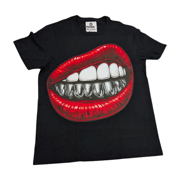 Black t-shirt with a graphic of red lips and white teeth on a white background