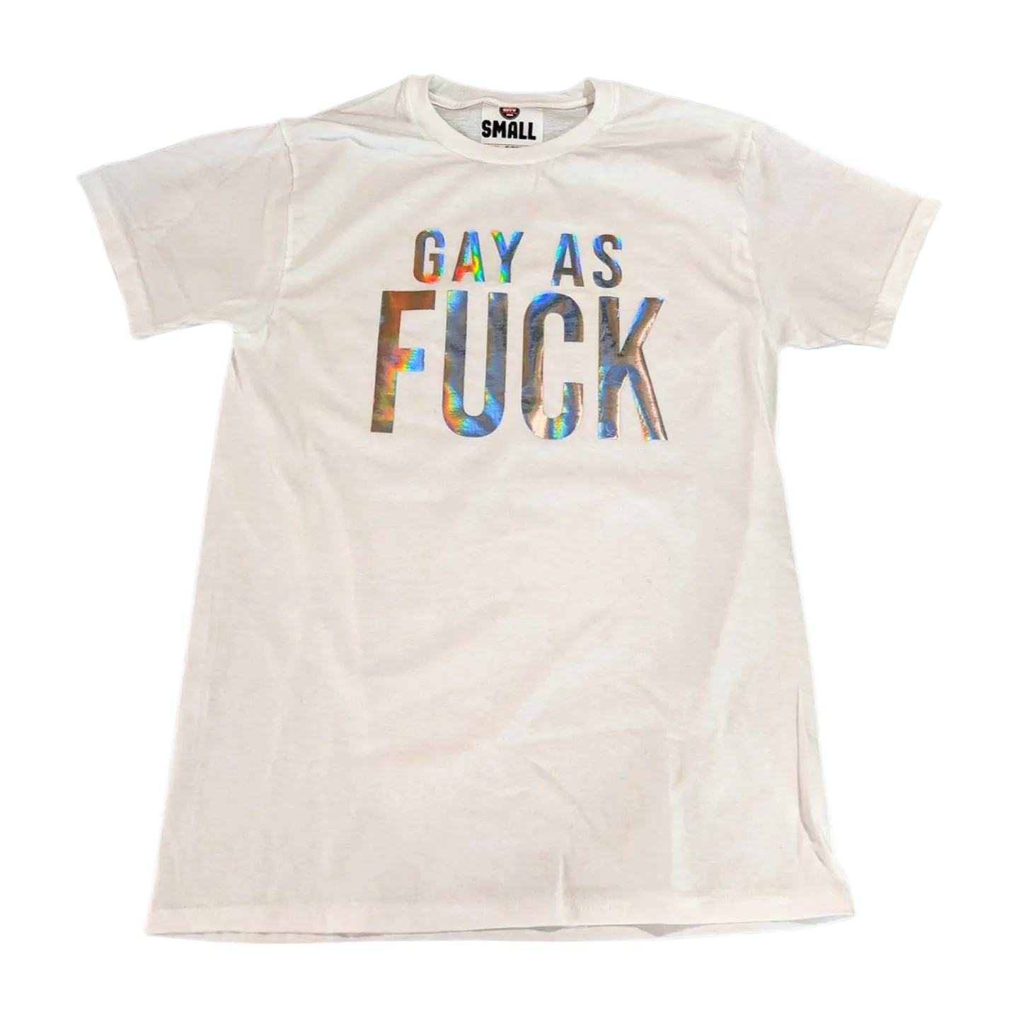 White t-shirt with colorful text on a white background