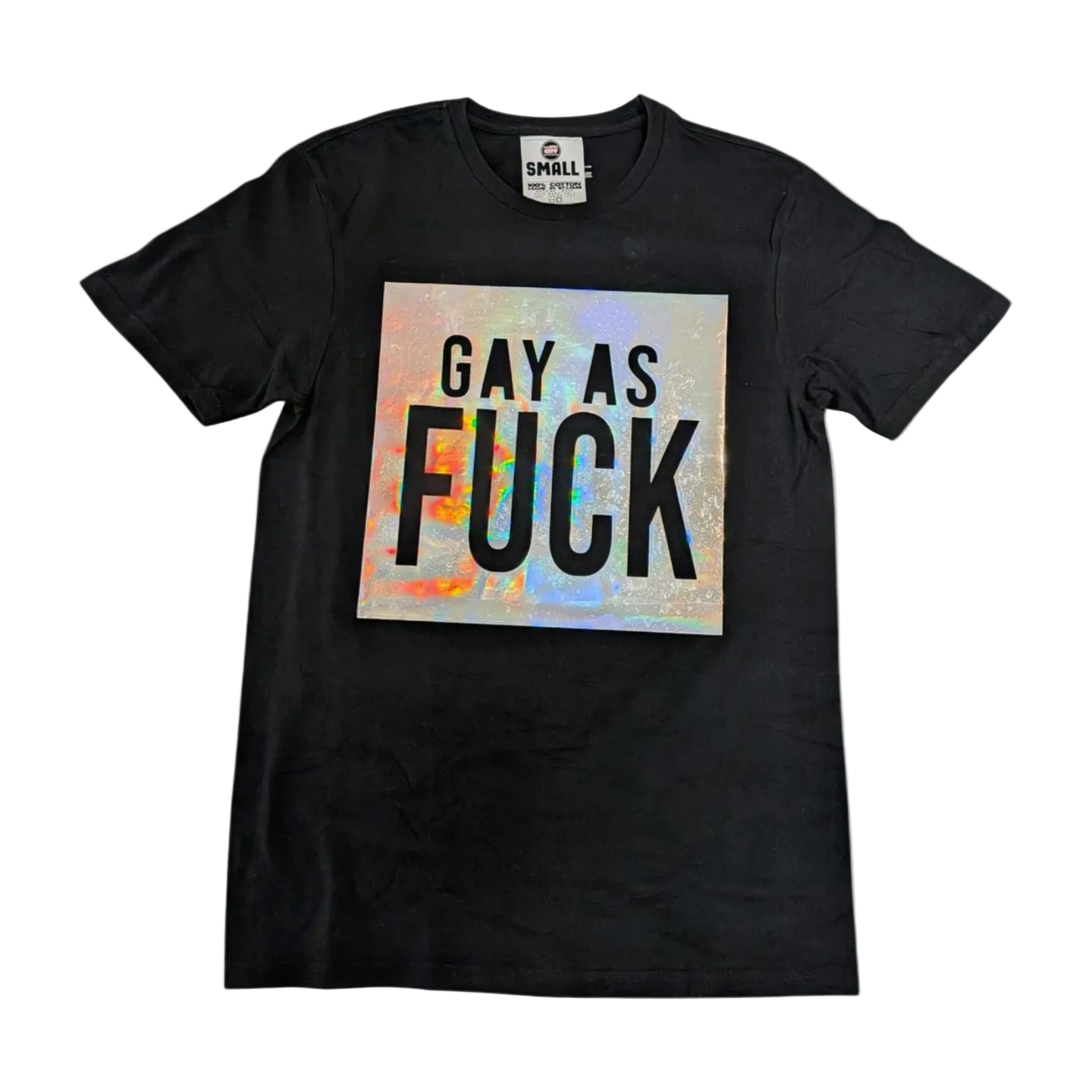 Black t-shirt with colorful 'GAY AS FUCK' text on a white background