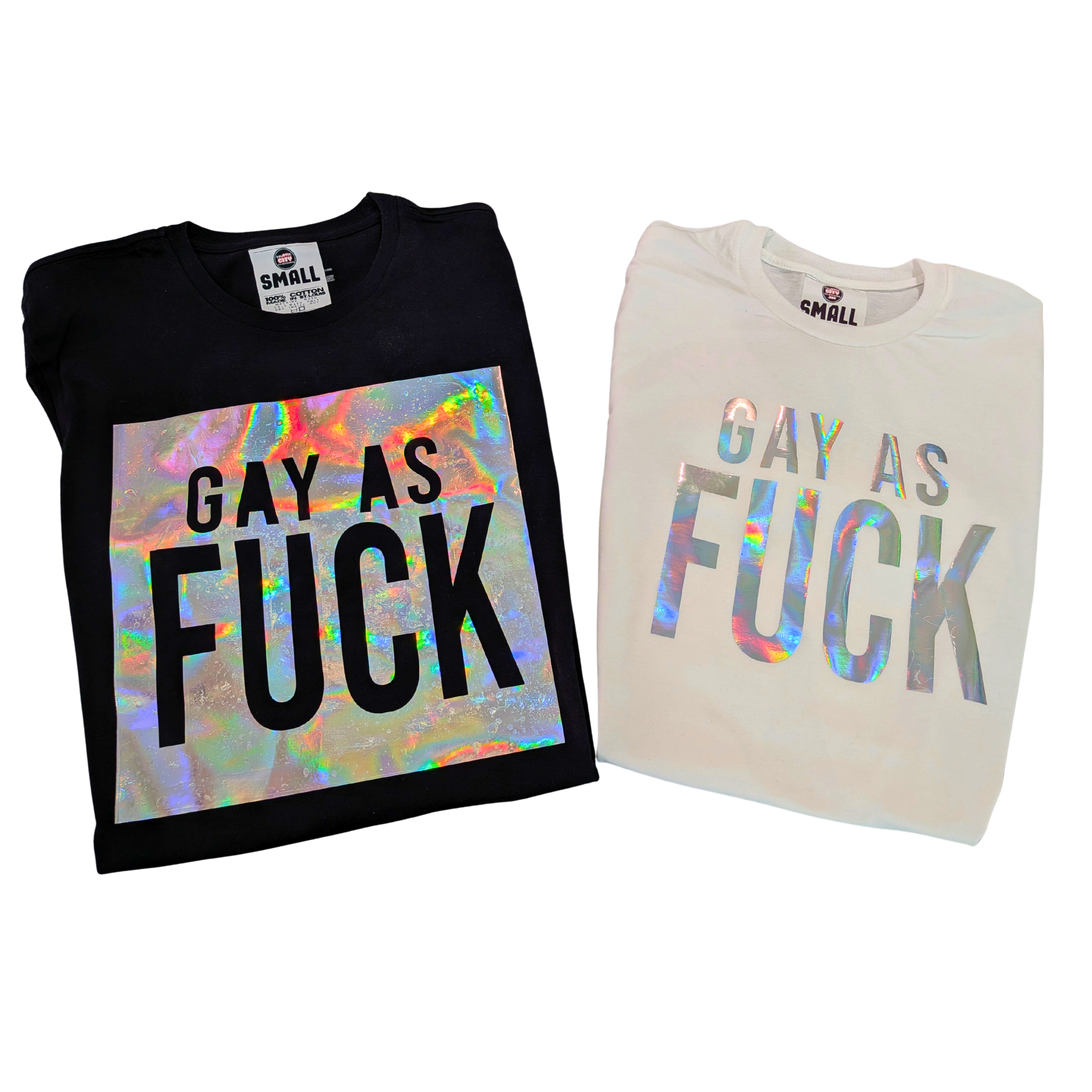 Two sweatshirts with 'Gay as Fuck' text on a white background