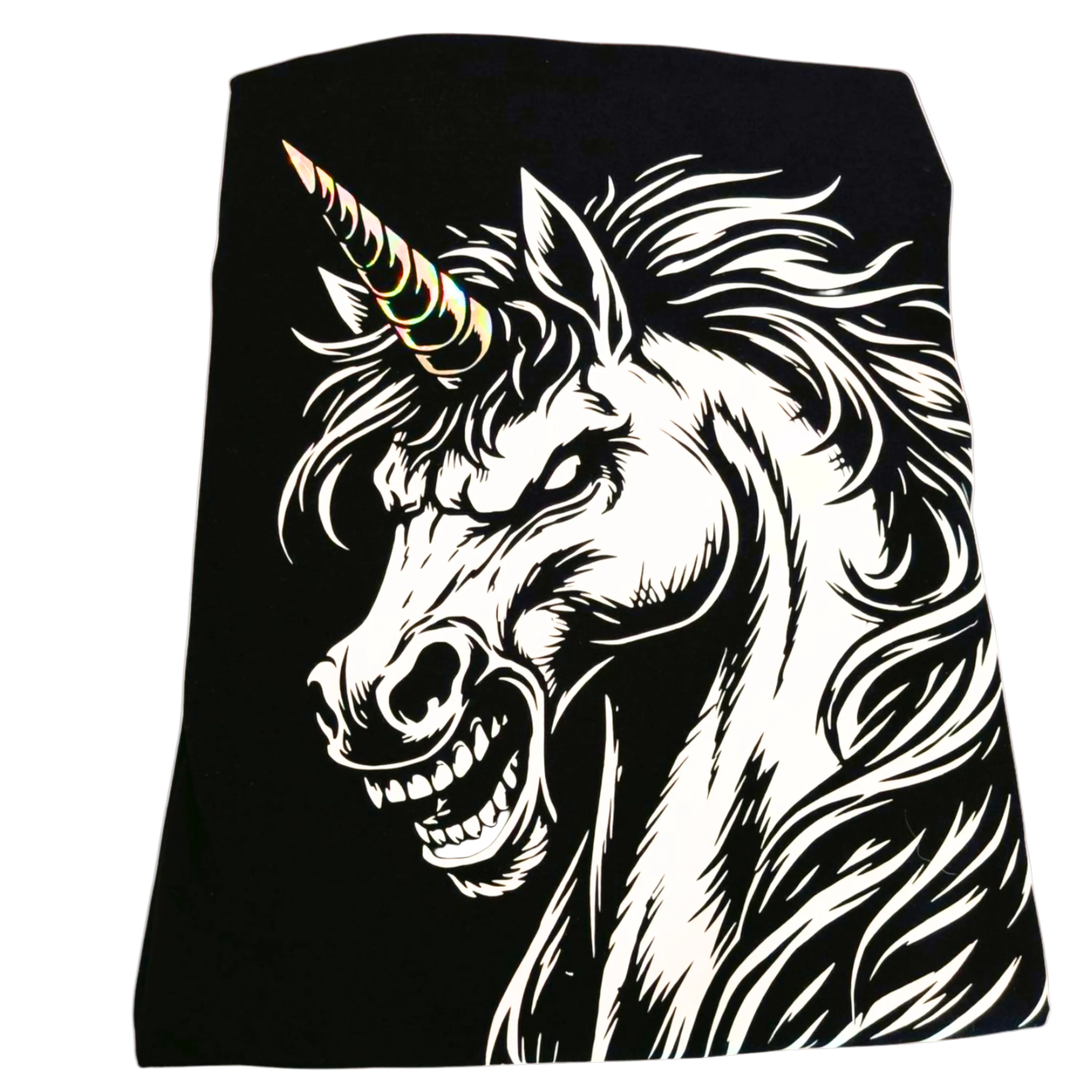 Black blanket with a white unicorn design on a white background