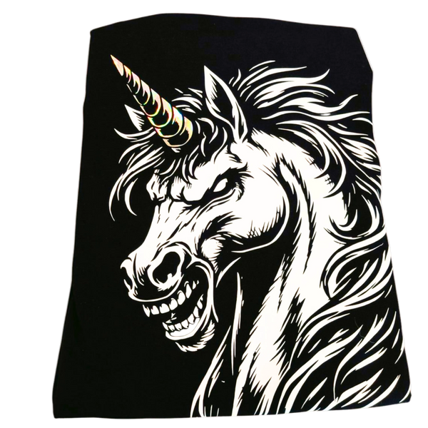 Black blanket with a white unicorn design on a white background
