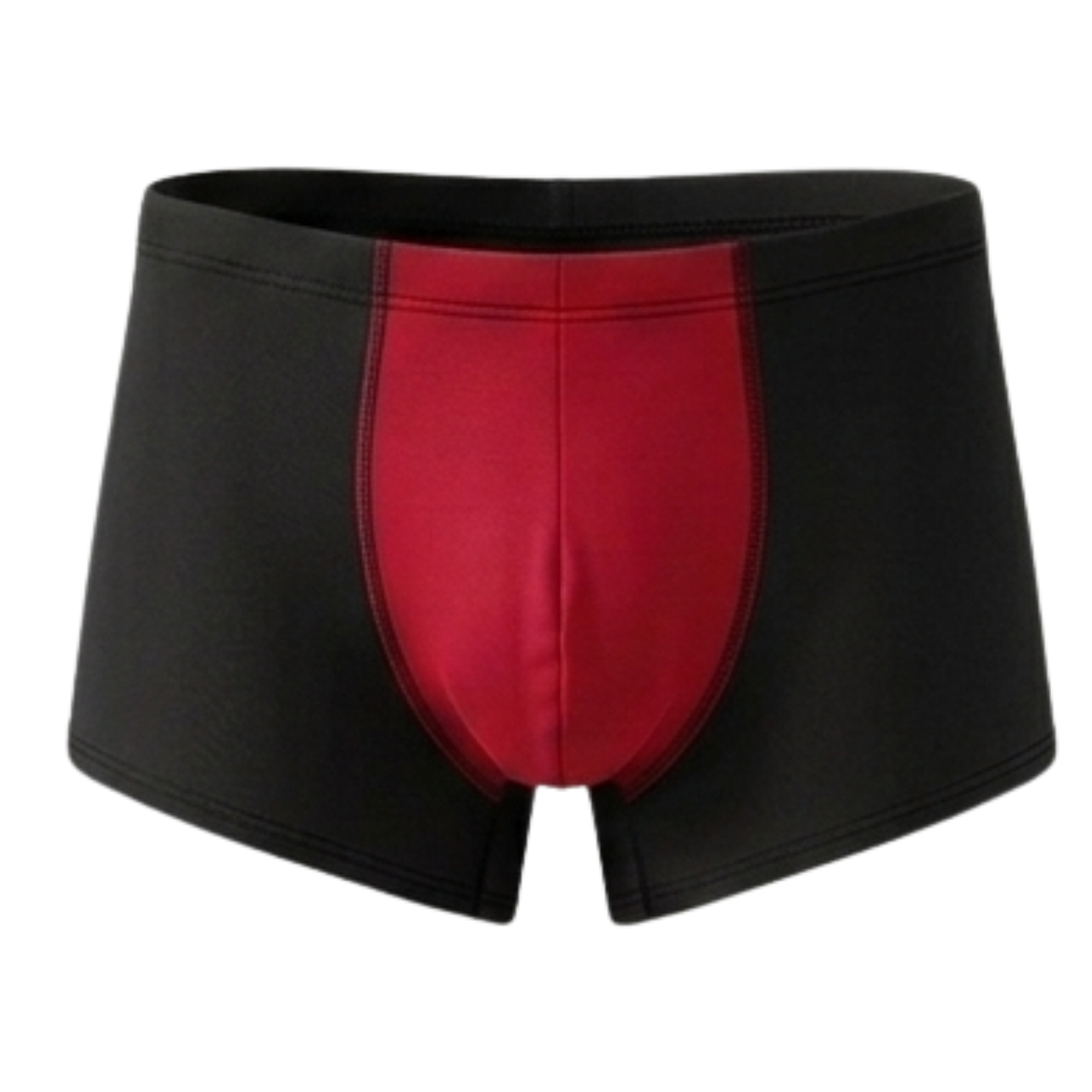 Black swim briefs with a red patch on a white background