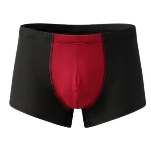 Black swim briefs with a red patch on a white background