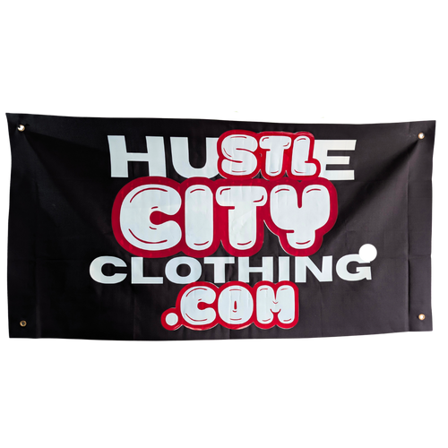 Finished Hustle City custom vinyl banner example