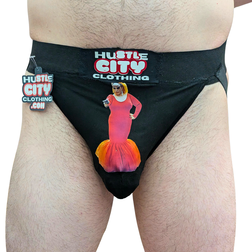 Black underwear with 'Hustle City Clothing' branding and a colorful graphic on a white background
