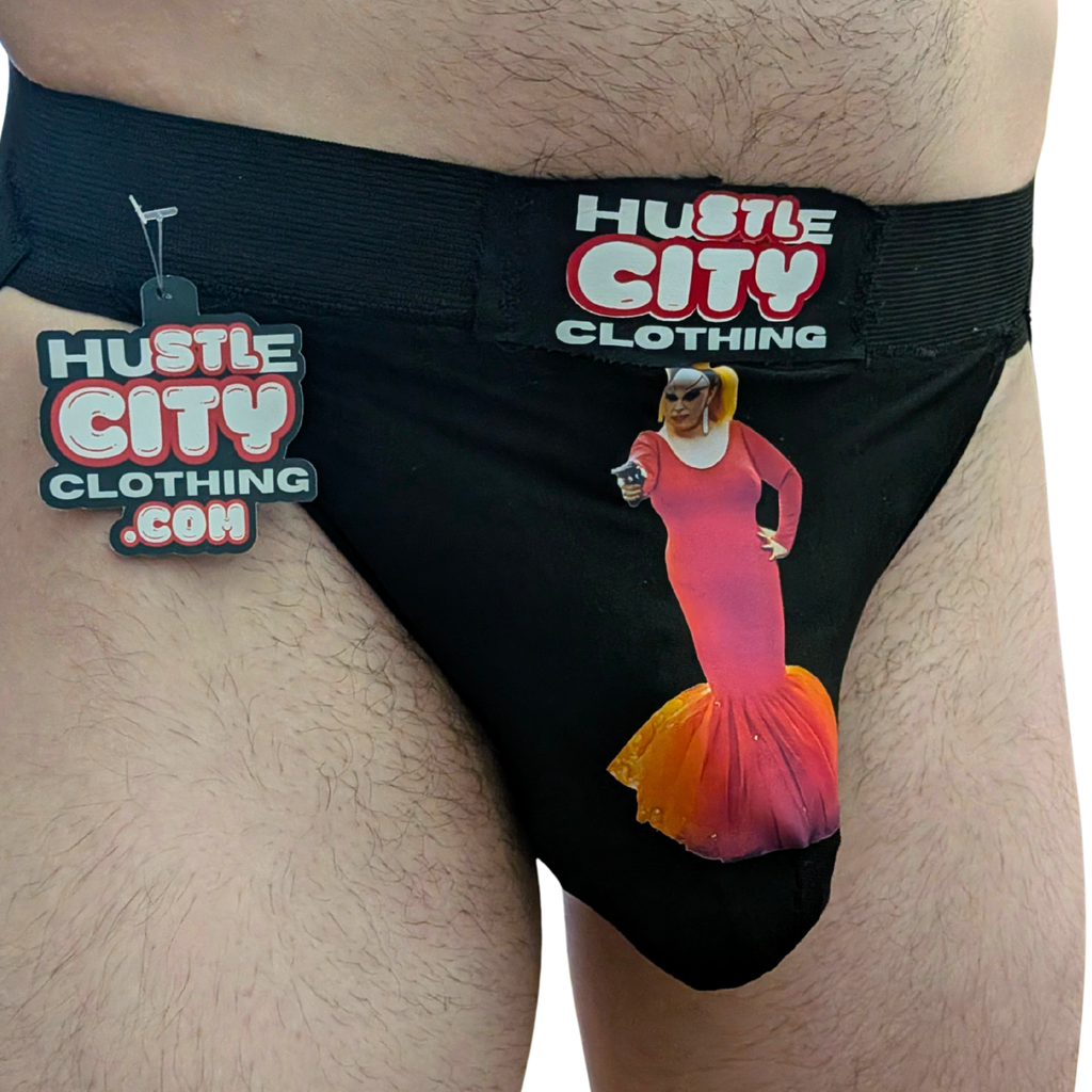 Black men's underwear with 'Hustle City Clothing' branding and a colorful mermaid design on a white background.