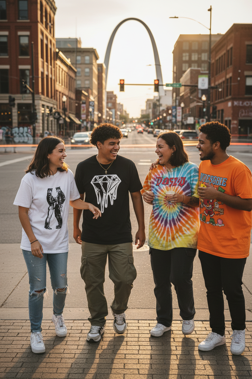 Gen Z friends in St. Louis wearing sample sale tees