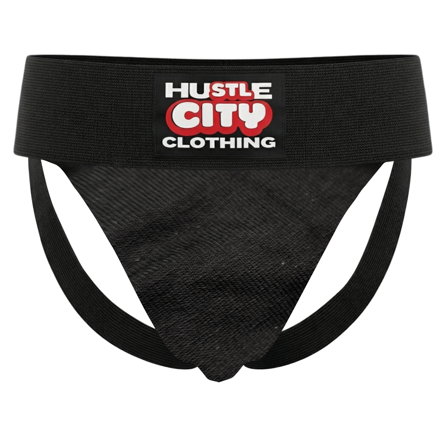 Black athletic jockstrap with 'Hustle City Clothing' label on a white background