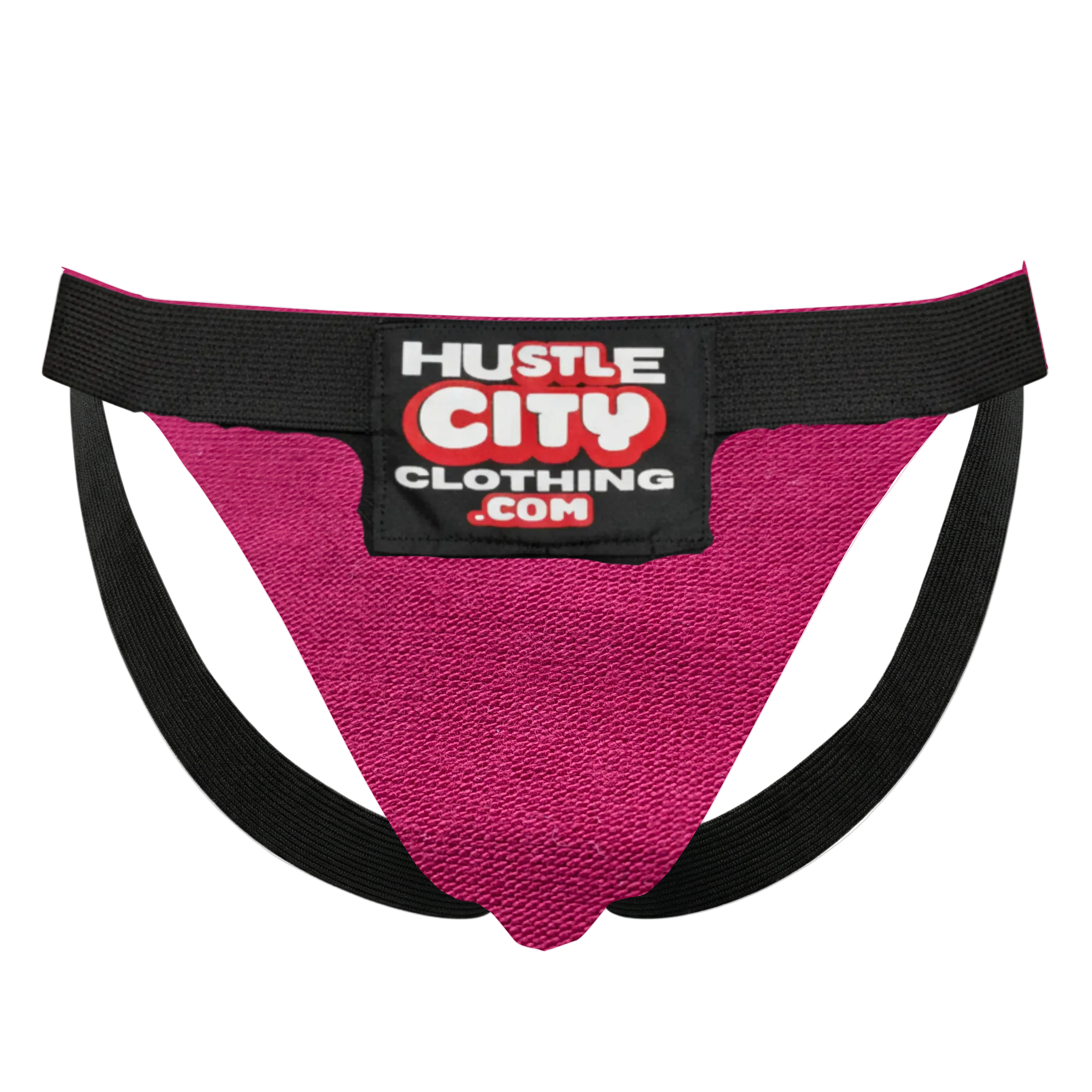 Pink athletic supporter with black waistband featuring 'Hustle City Clothing' label on a white background