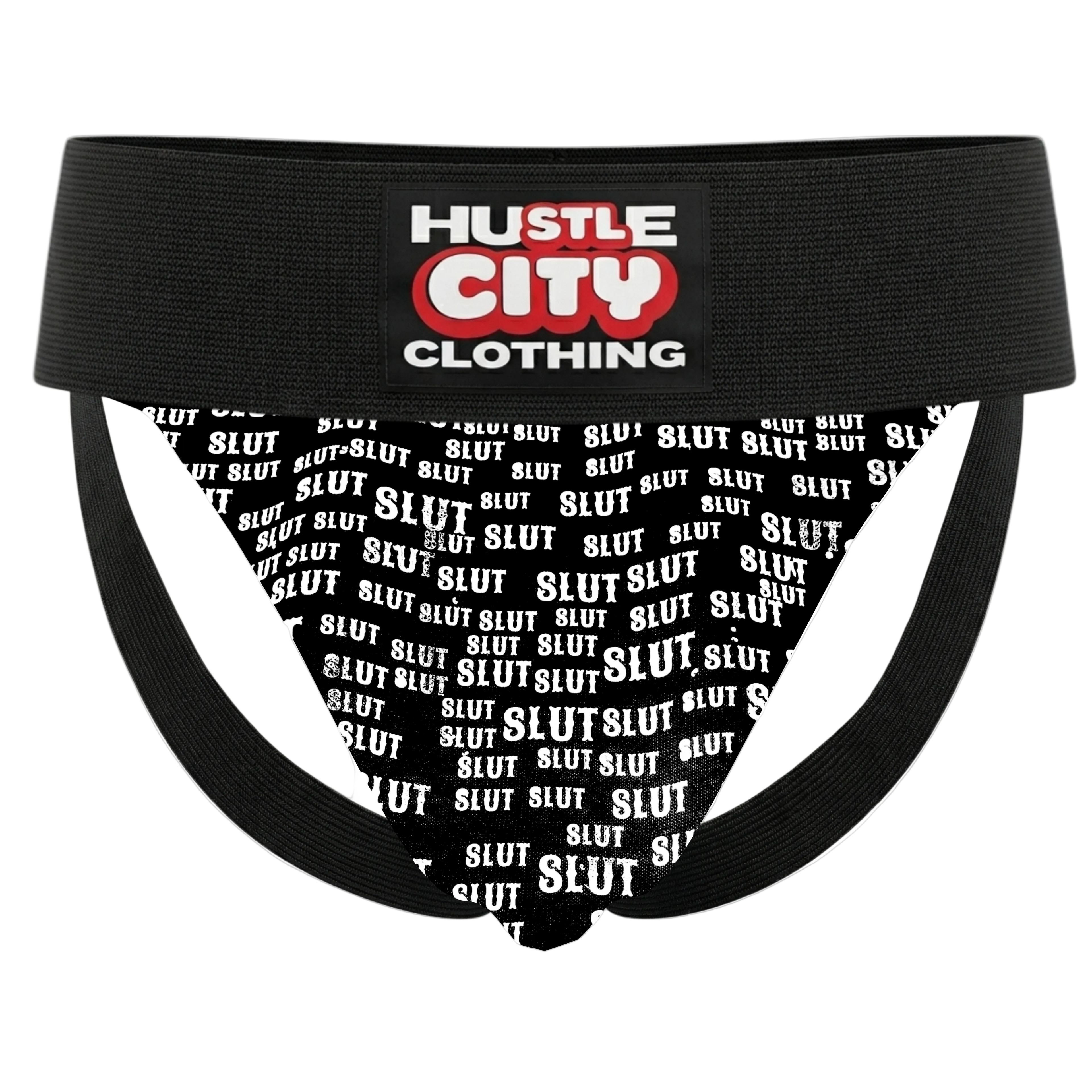 Black men's underwear with 'Hustle City Clothing' branding and 'SLUT' text on a white background.