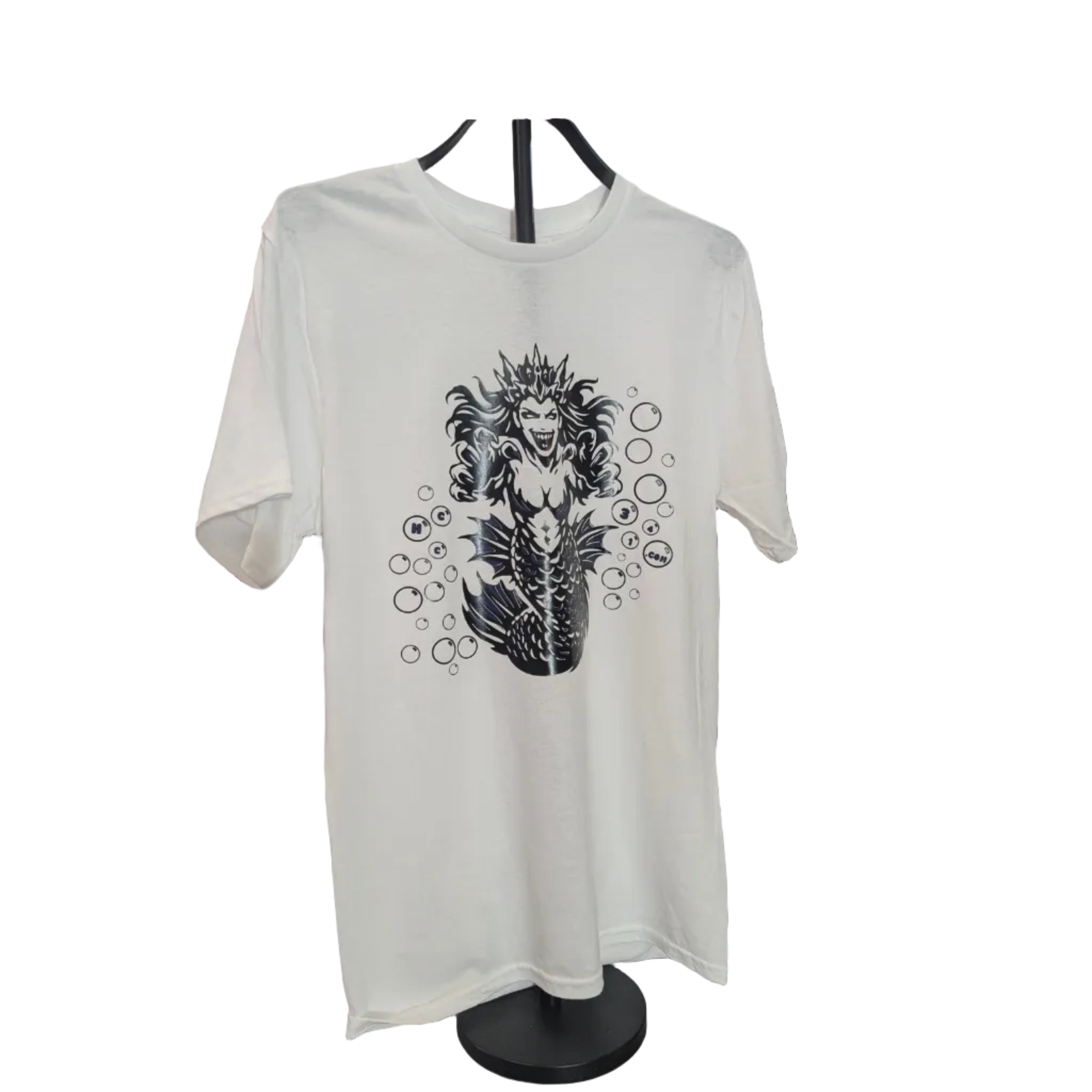 White t-shirt with black graphic design on a mannequin in an office setting