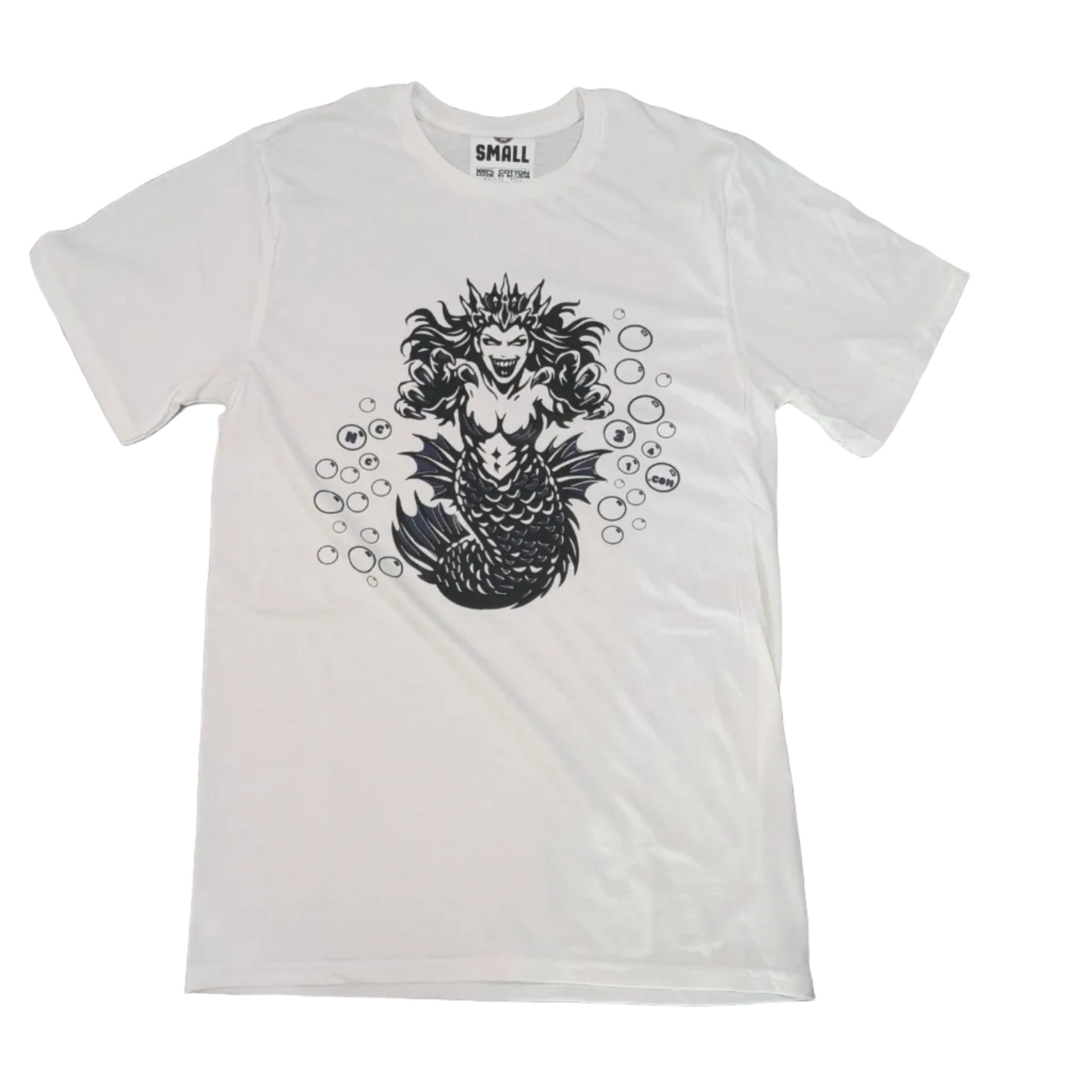 White t-shirt with black graphic design on a light gray surface