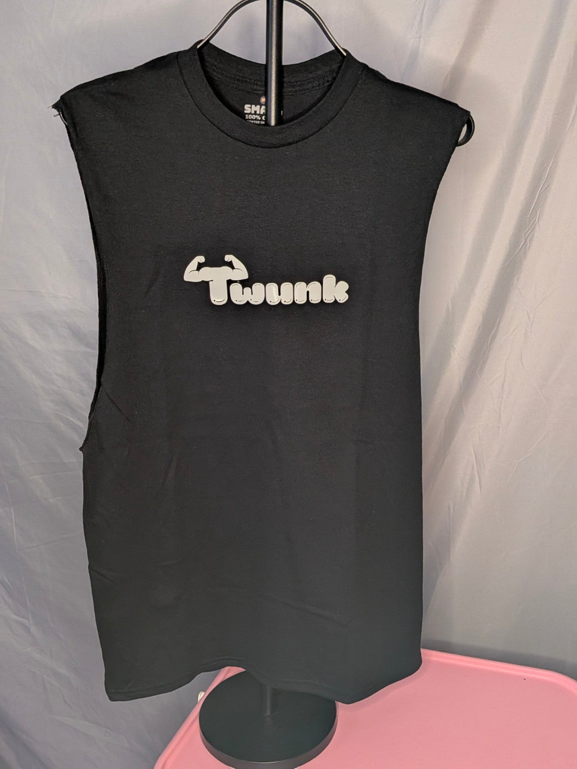 Twunk Muscle Tank Top in black with white Twunk graphic on gray backdrop
