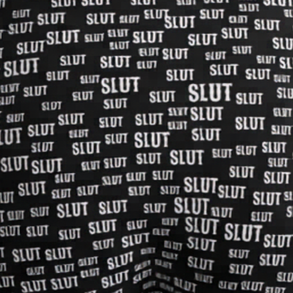 Pattern of the word 'SLUT' repeated multiple times on a black background