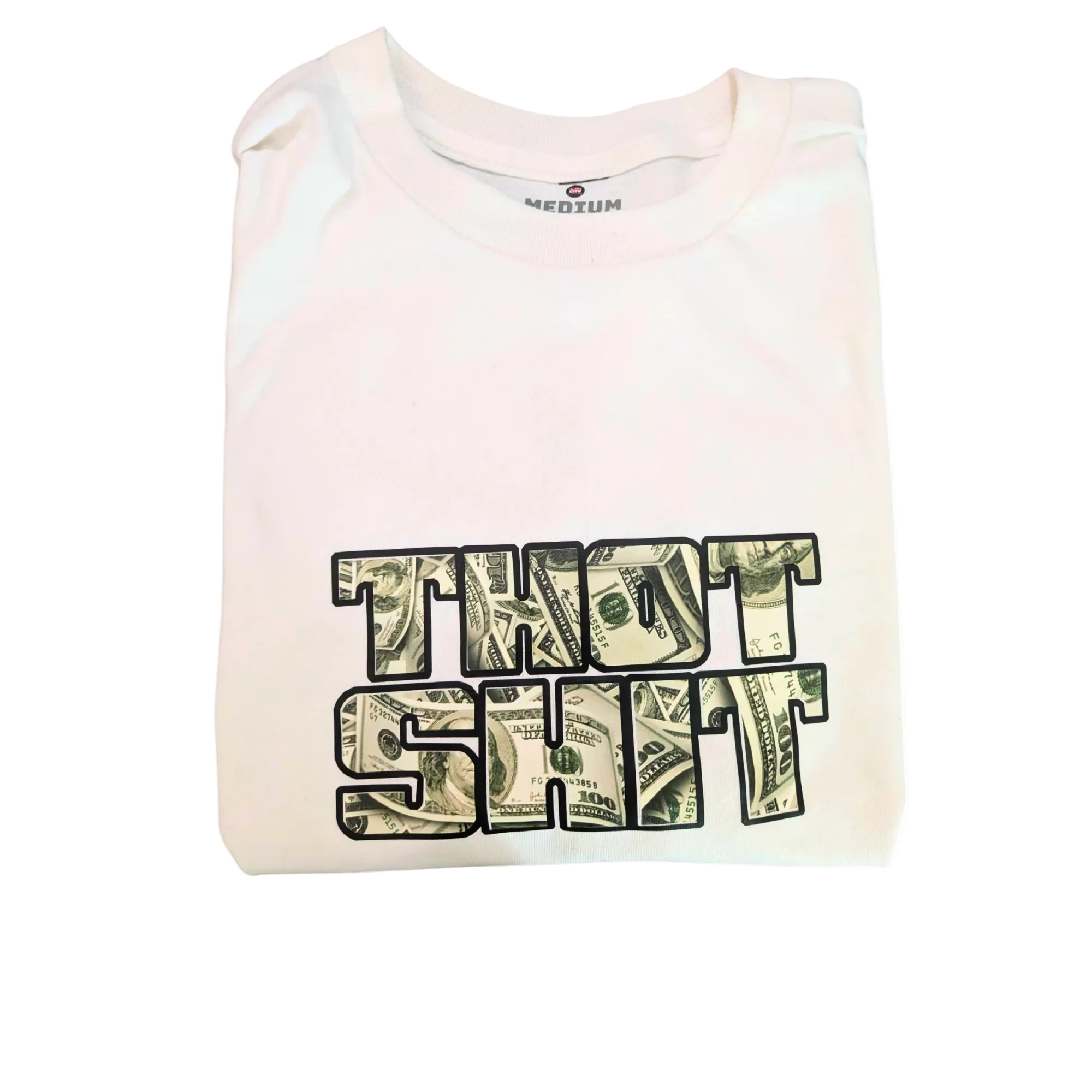 White tank top with dollar bill design text on a white background