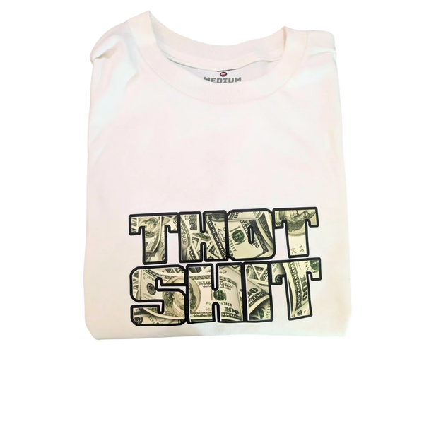 White tank top with dollar bill design text on a white background